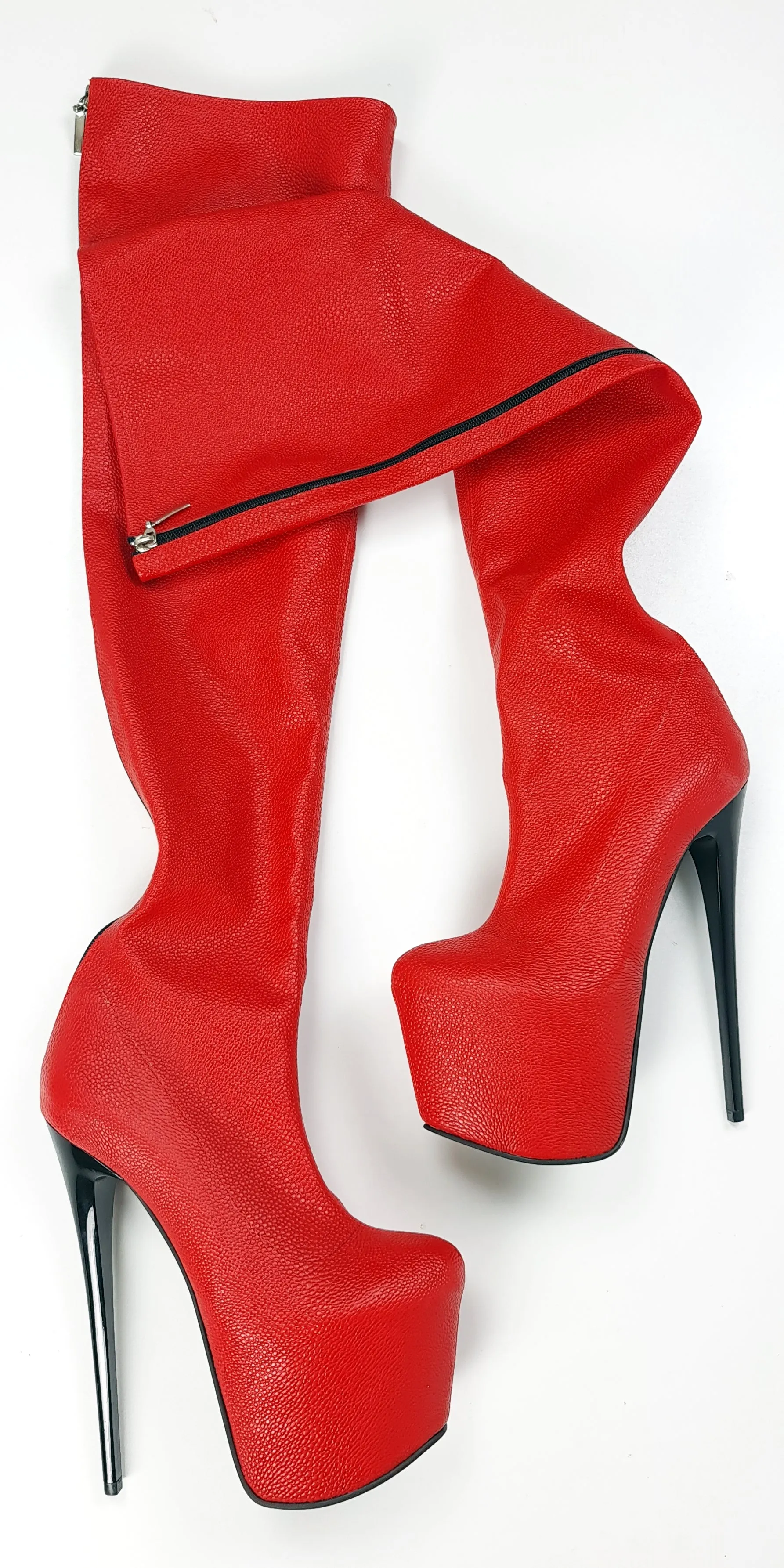 Red Back Zipper Matte High Heel Thigh High Boots