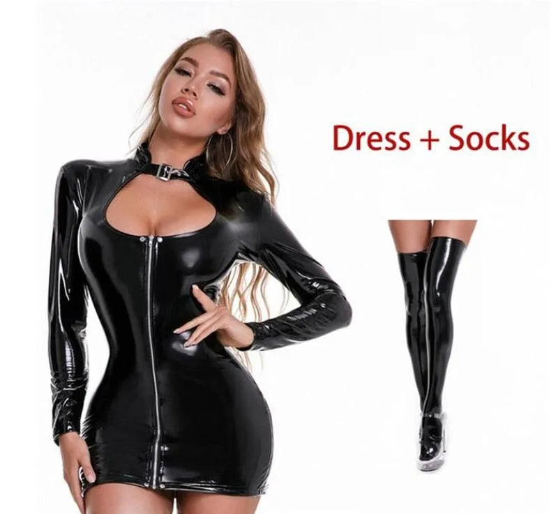 Sexy Zipper Wetlook PVC Leather Dress