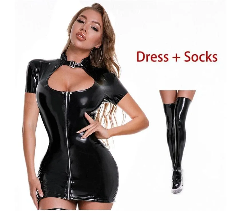 Sexy Zipper Wetlook PVC Leather Dress