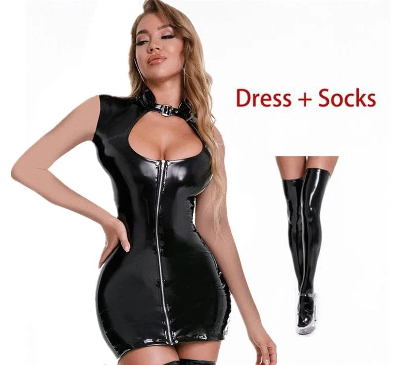 Sexy Zipper Wetlook PVC Leather Dress