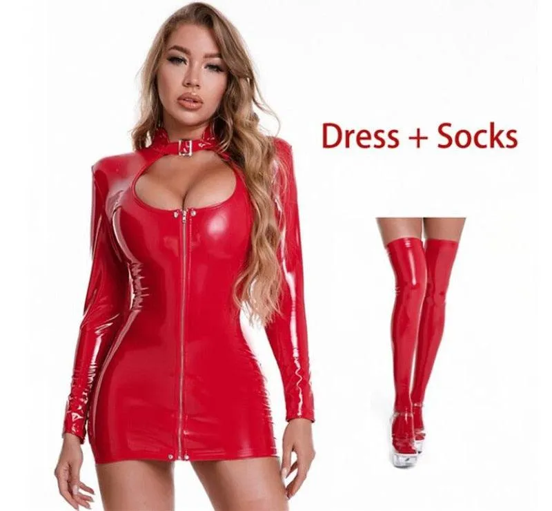 Sexy Zipper Wetlook PVC Leather Dress