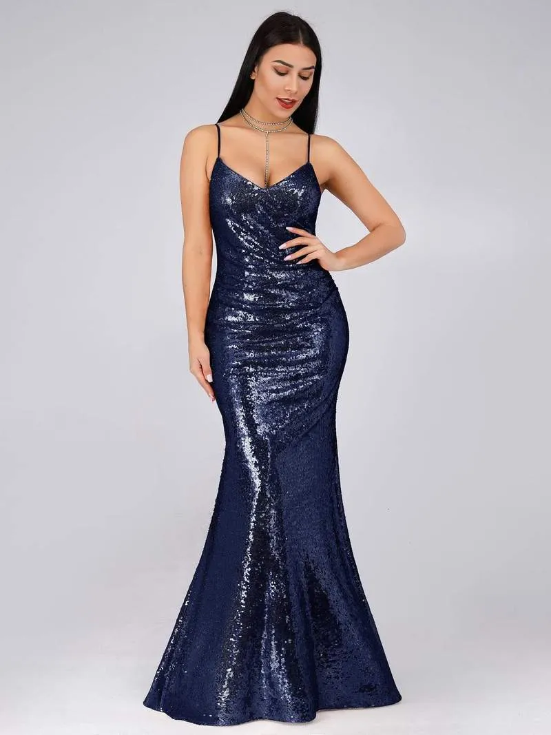 Spaghetti Straps Fishtail Sequin Evening Gown Style 07339