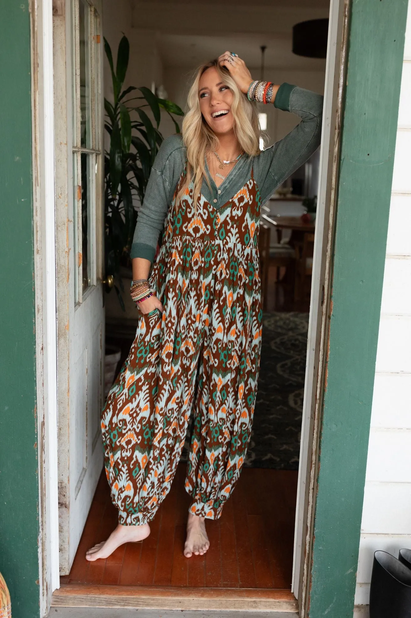 Travel Light Printed Jumpsuit - Brown