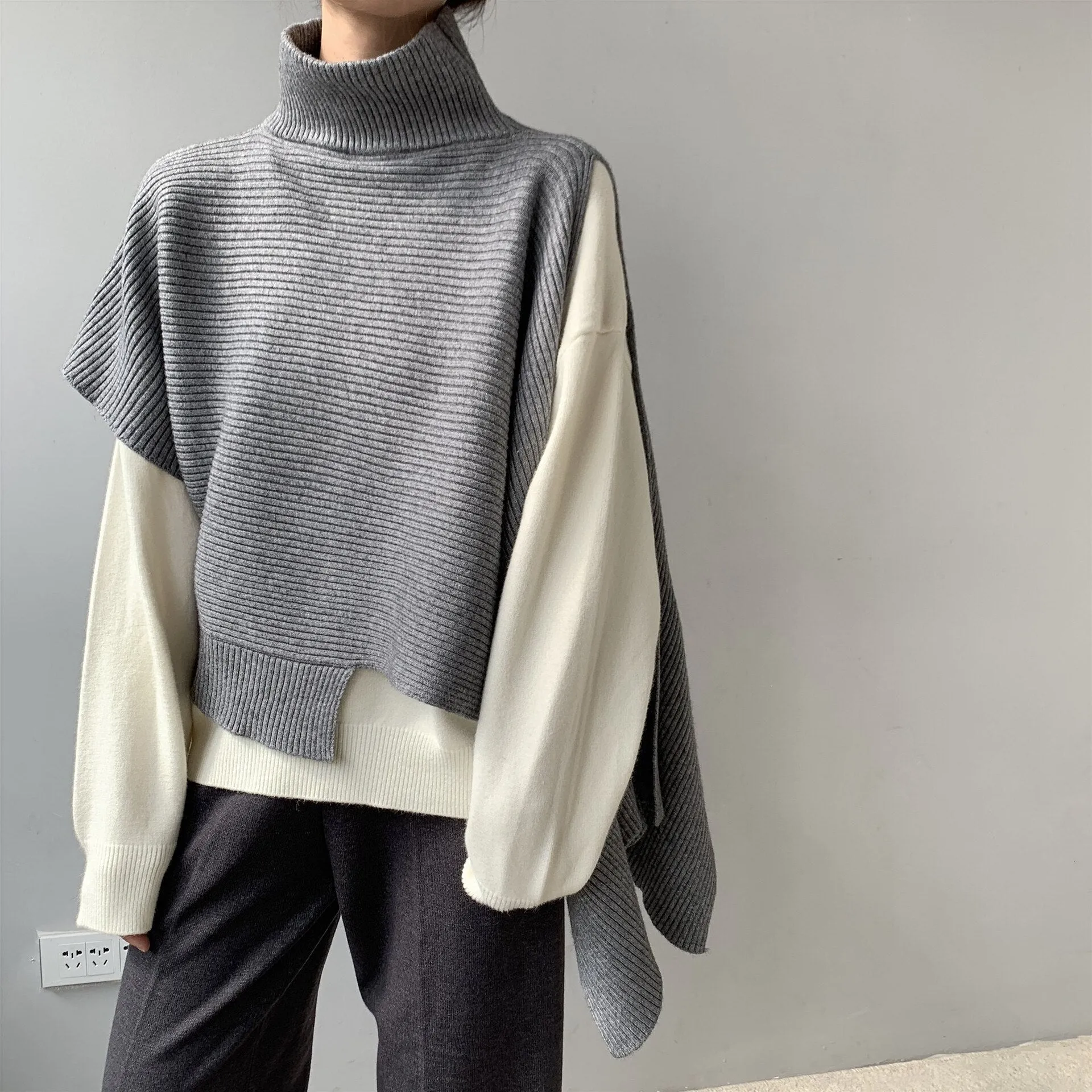 Winter Women Irregular Split Knit Sexy Solid Loose Sweater Cool Pullovers