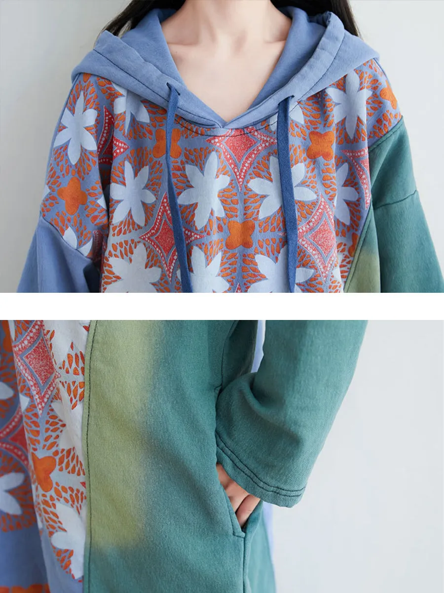 Women Artsy Flower Spliced Spring Hooded Sweatshirt KL1047