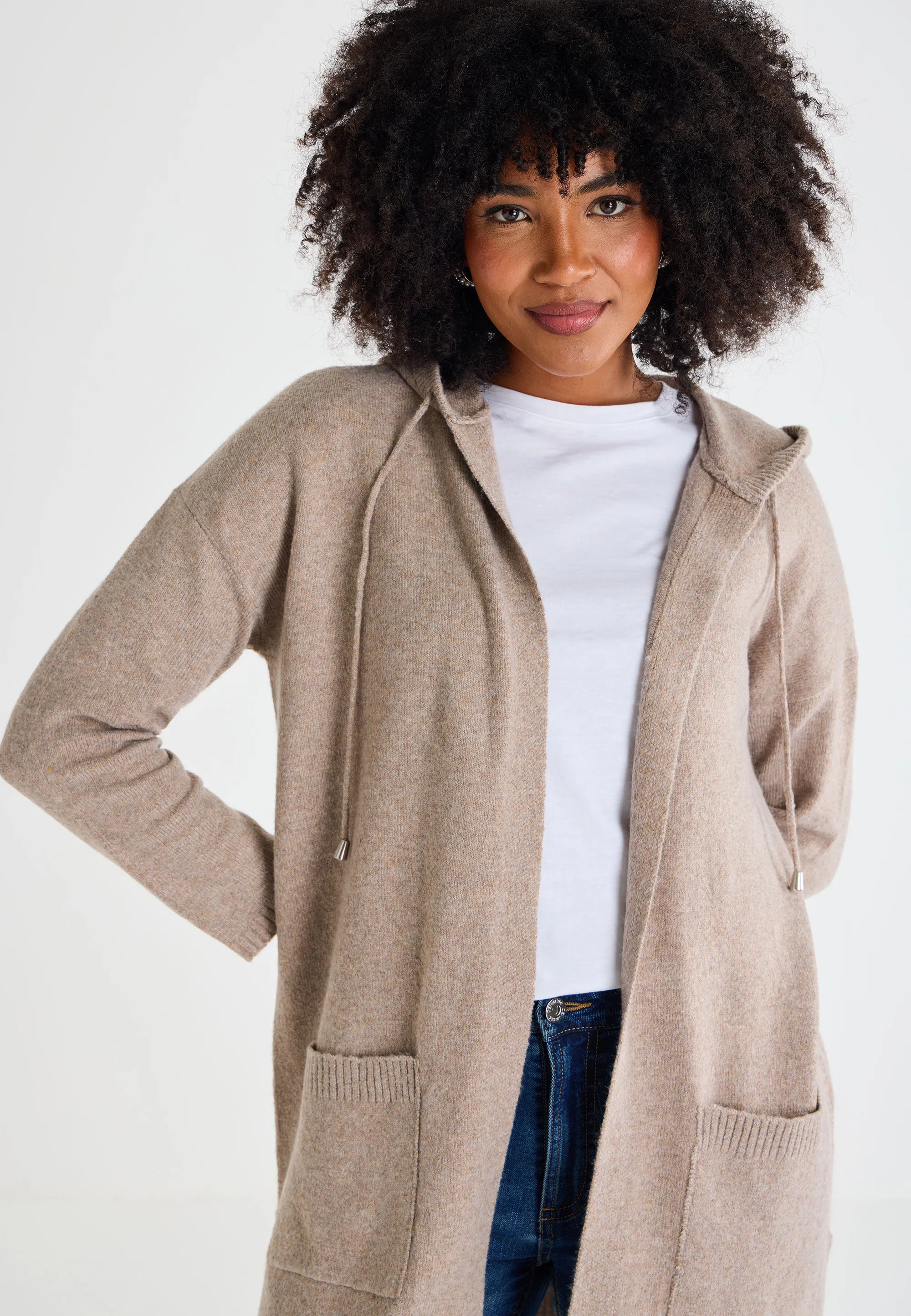 Womens Camel Plain Hooded Cardigan