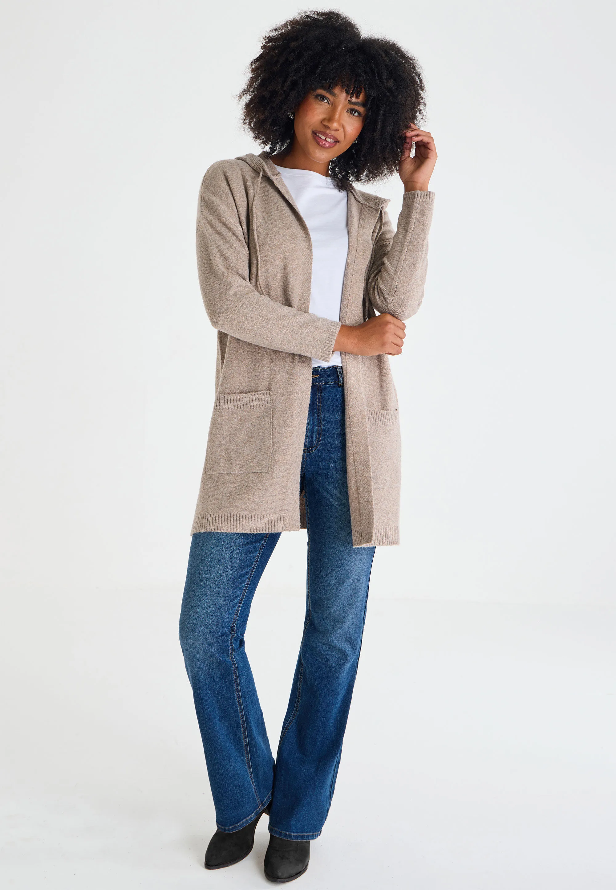 Womens Camel Plain Hooded Cardigan