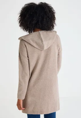 Womens Camel Plain Hooded Cardigan