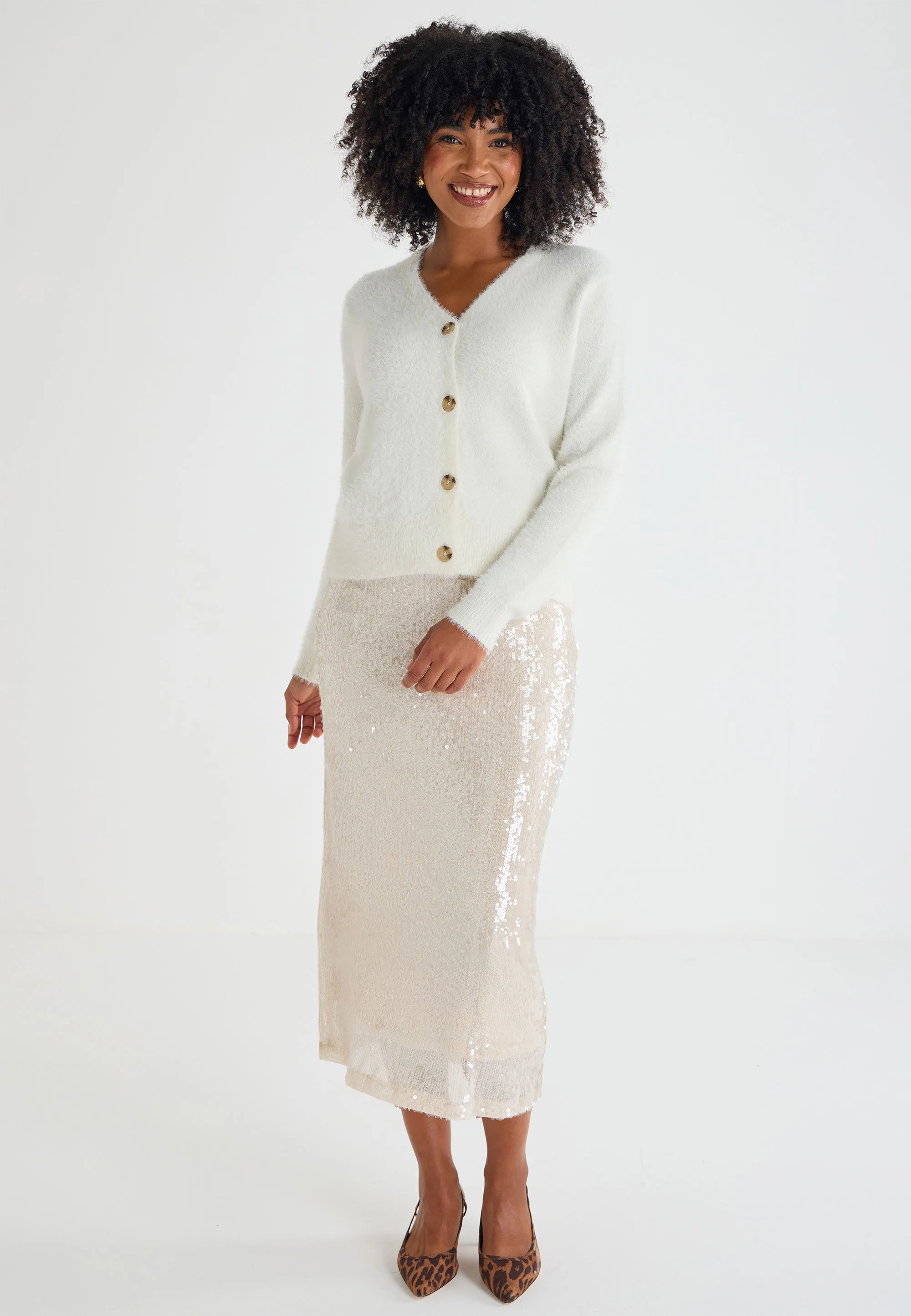 Womens Ivory Lash Button Cardigan