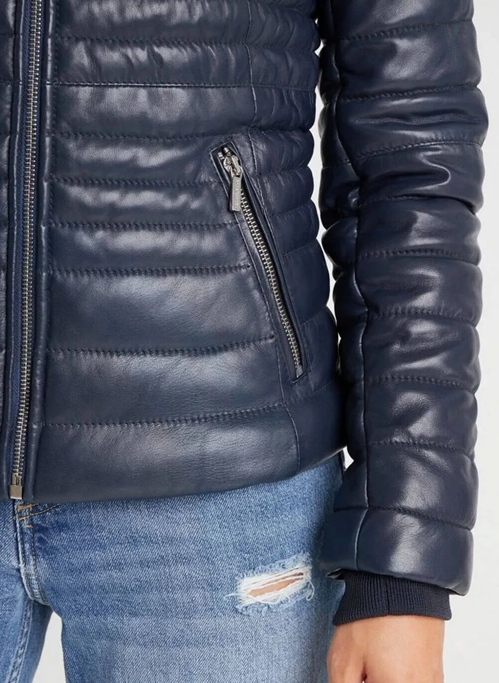 Women's navy leather down jacket 102034