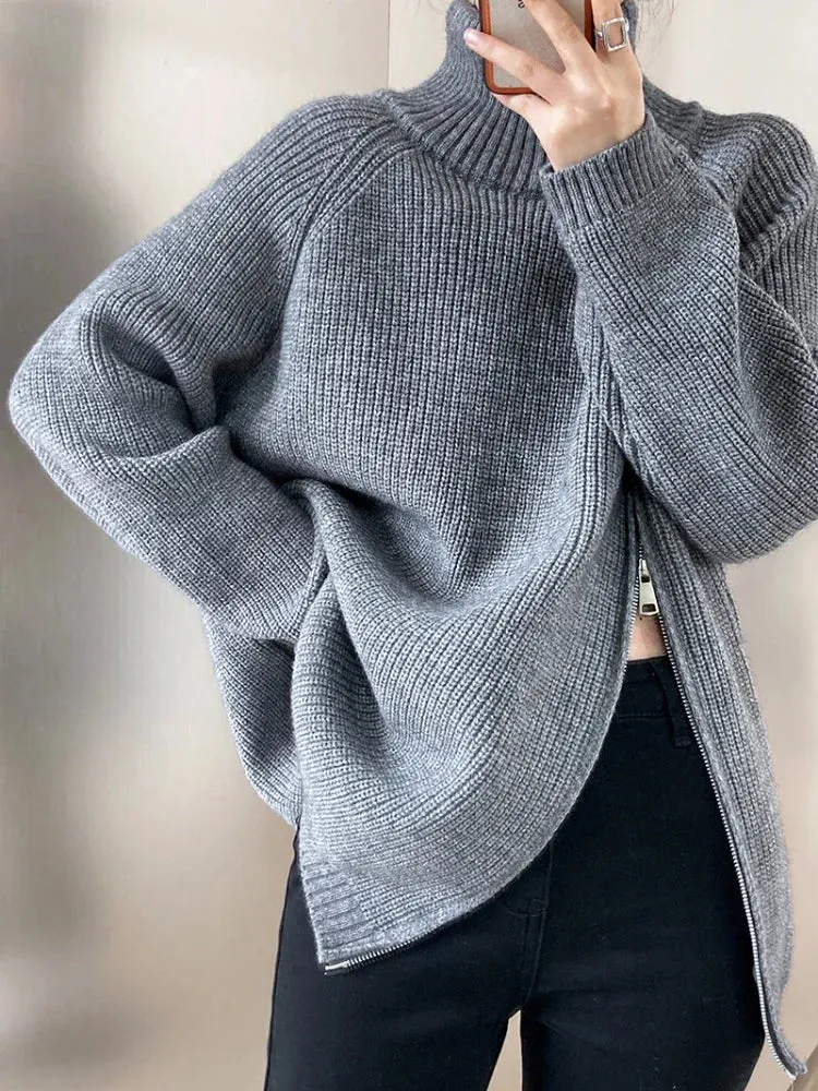 Women's Turtleneck Zipper Oversize Fashion Women Sweaters 2023 Autumn Knitwears Loose Thick Warm High Neck Solid Pullovers Women