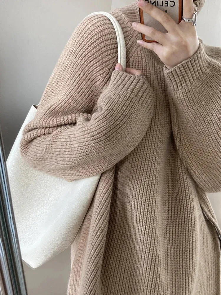 Women's Turtleneck Zipper Oversize Fashion Women Sweaters 2023 Autumn Knitwears Loose Thick Warm High Neck Solid Pullovers Women