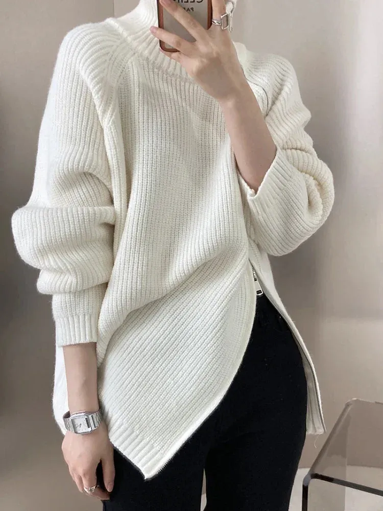 Women's Turtleneck Zipper Oversize Fashion Women Sweaters 2023 Autumn Knitwears Loose Thick Warm High Neck Solid Pullovers Women