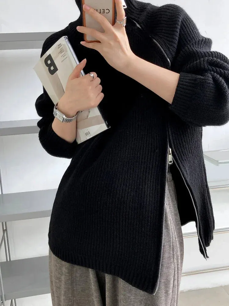 Women's Turtleneck Zipper Oversize Fashion Women Sweaters 2023 Autumn Knitwears Loose Thick Warm High Neck Solid Pullovers Women