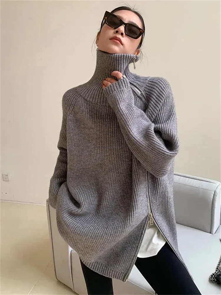 Women's Turtleneck Zipper Oversize Fashion Women Sweaters 2023 Autumn Knitwears Loose Thick Warm High Neck Solid Pullovers Women