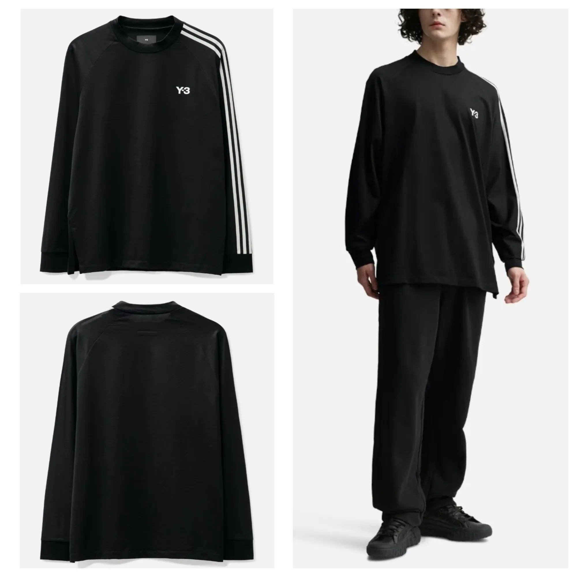 Y-3  |Crew Neck Stripes Long Sleeves Plain Cotton