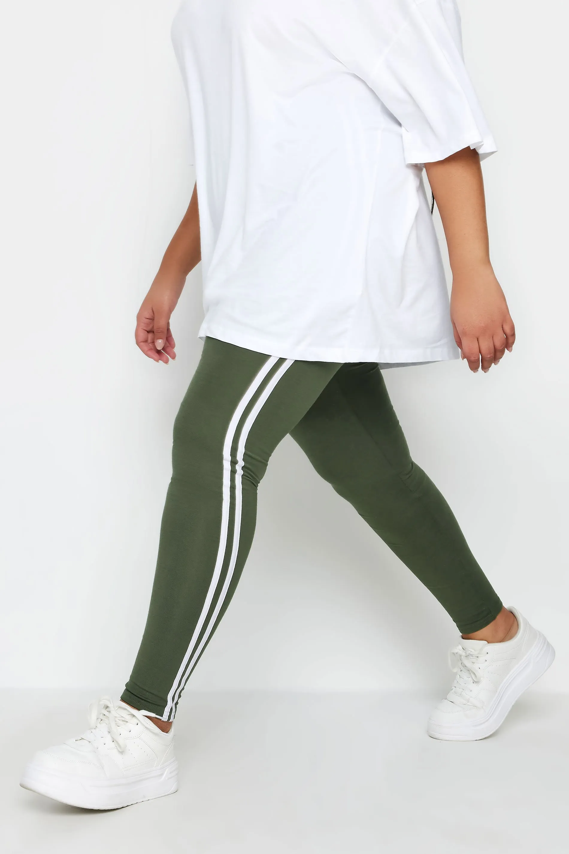 YOURS Curve Khaki Green Side Stripe Leggings